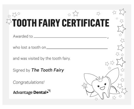 Kids' Smile Zone tooth fairy activity. Tooth fairy certificate