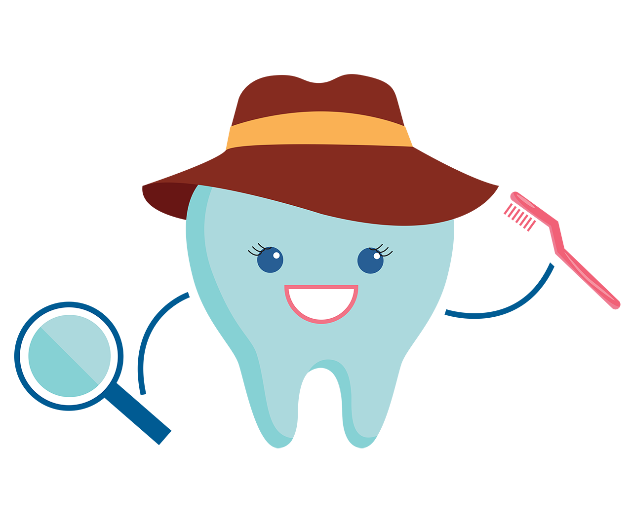 A cartoon tooth wearing a hat and holding a tooth brush and magnifying glass