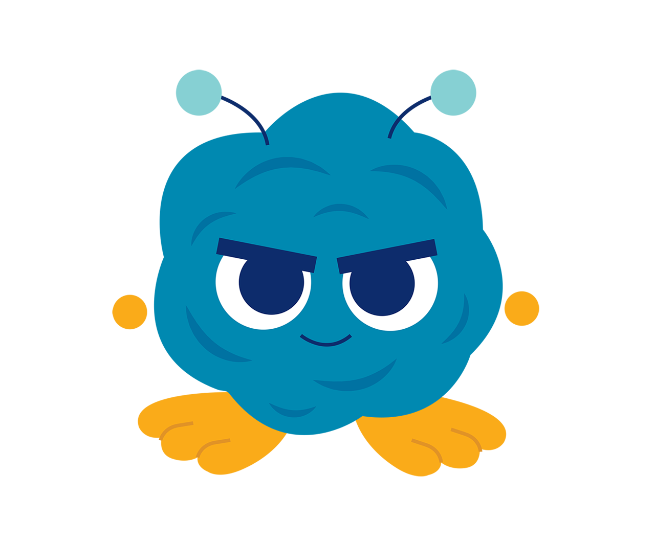 A cartoon germ with a feet and small hands smirking