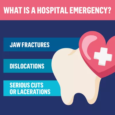 What is a dental emergency? Hospital emergencies include jaw fractures, dislocations and serious cuts or lacerations.
