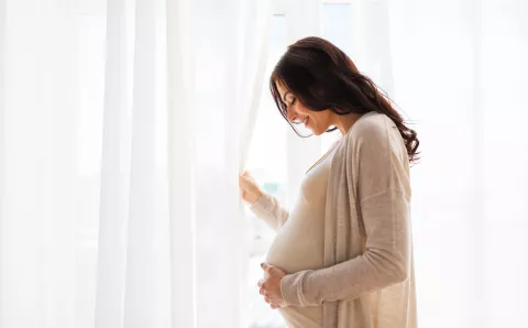 An expecting mother posing for a photo near a window when the sun is shining.